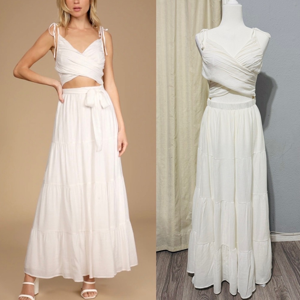Lulus Ivory Cut Out Maxi Dress M Cottagecore‎ Tie-Strap Celestial Smocked Tiered